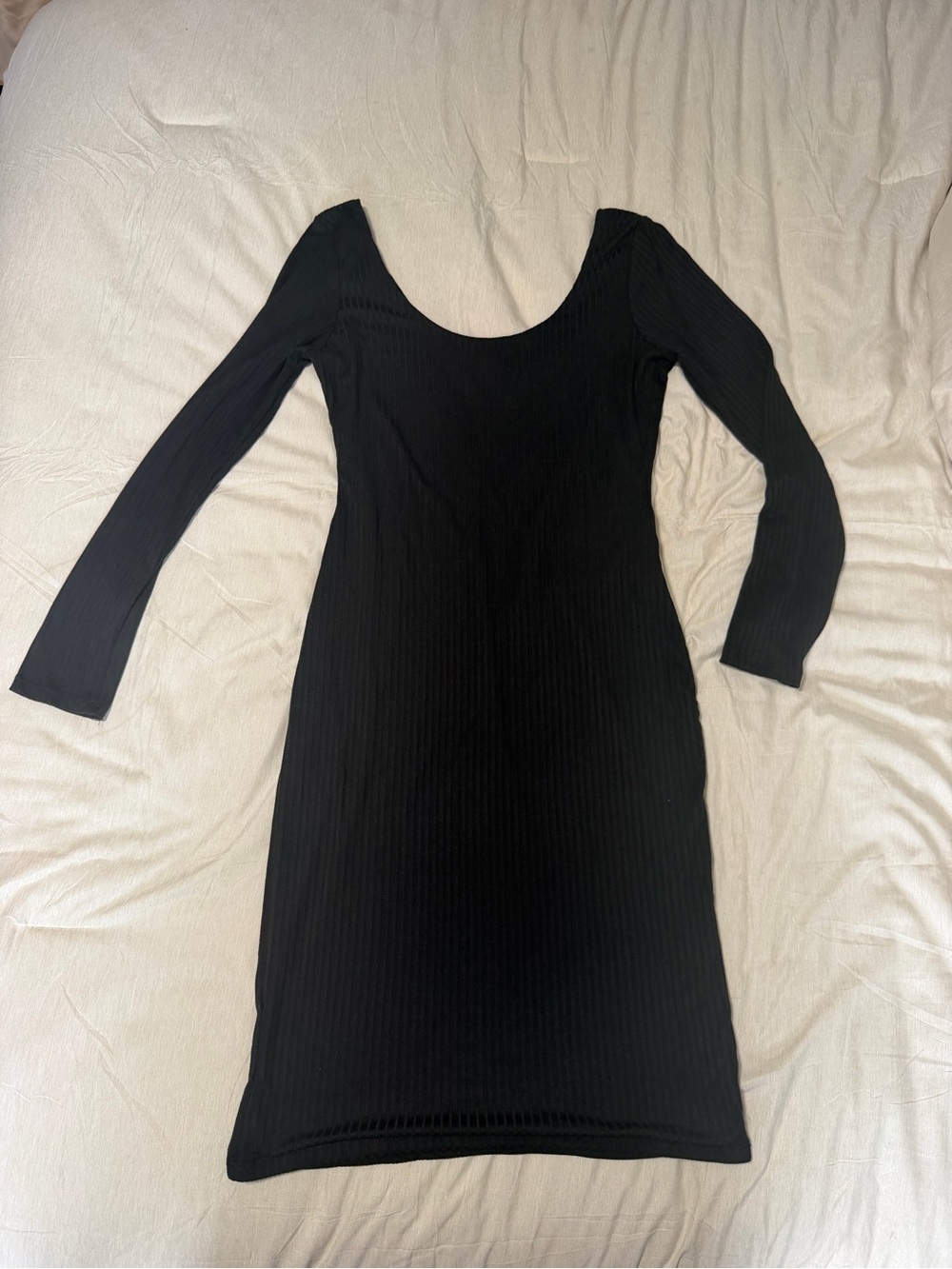 Fashion Nova Black Ribbed Double Lined Long Sleeve Scoop Neck Midi Dress Size L